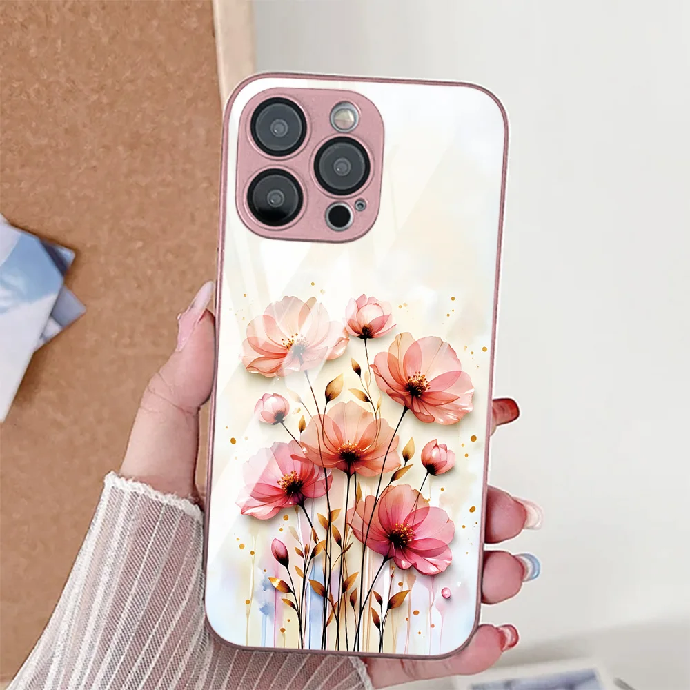 Elegant Flower Design Tempered Glass Phone Case