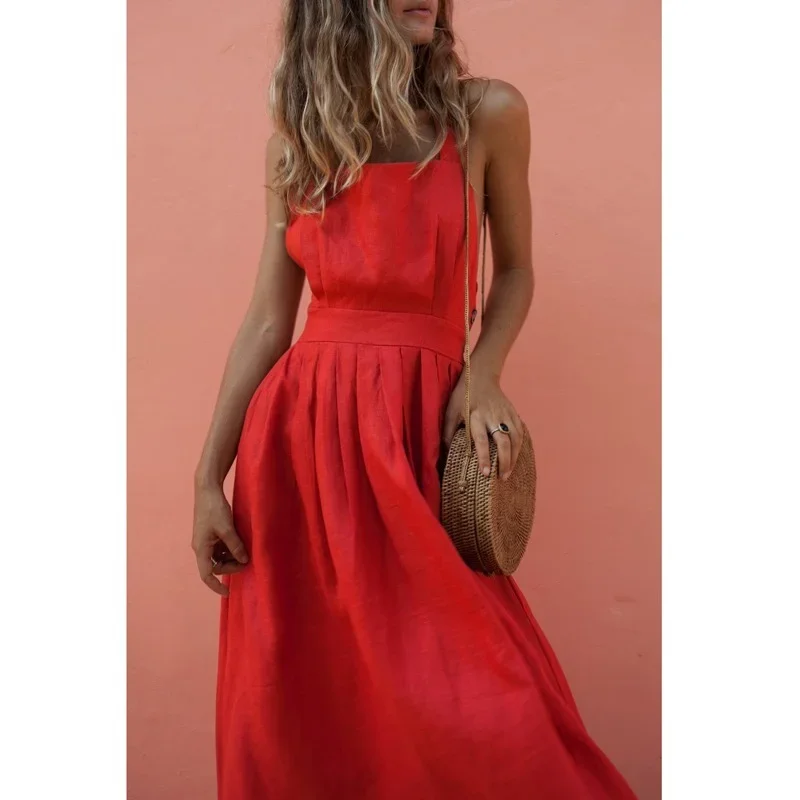 

Summer Sexy Dress Hollow Women's Backless Cross Drawstring Beach Dresses Strap Red Vintage Sundress Women Boho Femme Robe