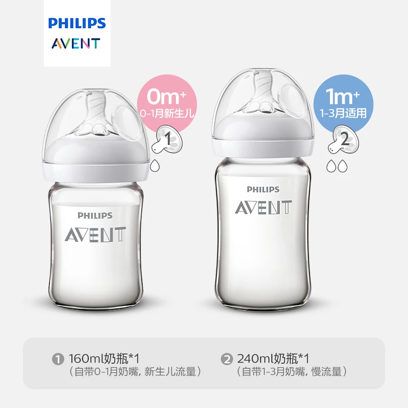 PHILIPS AVENT 0-6 months Newborn baby High boron glass milk bottle Prevention of choking Anti-flatulence 125ml+240ml Combination milk bottle feeding bottle glass milk bottle baby feeding utensils