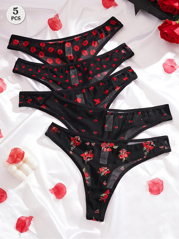 Women Thongs 5pcs/pack Print Design Sexy Women thongs Breathable Comfortable Lady g-string Underwear Elegant Sexy Lingerie Fashion New Panty