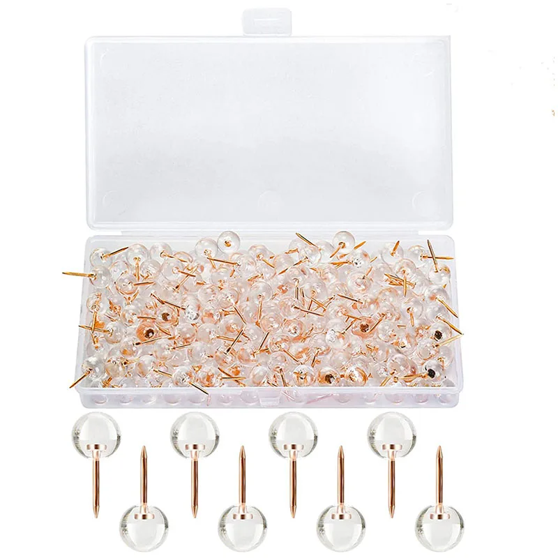 100 Count Rose Gold Wall Push Pins - Clear Plastic Head Thumbtacks