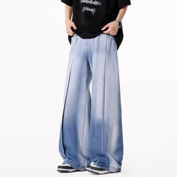 2025 New Retro Spliced Washed Blue Jeans Men's High Street Baggy Wide Leg Denim Pants Hip Hop Gradient Patchwork Y2K Jean 1