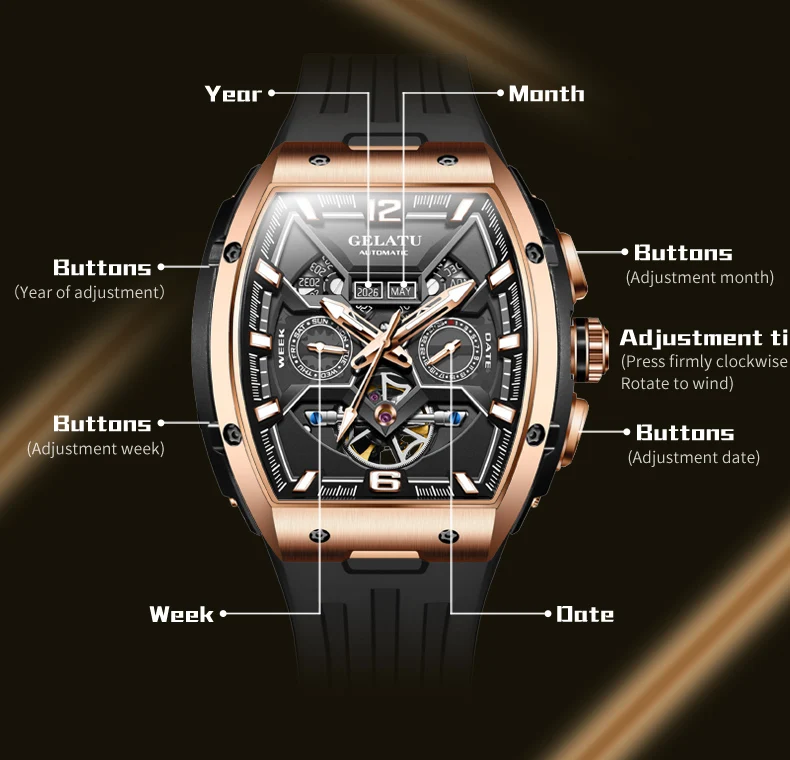 GELATU Automatic Watch For Men Original Skeleton High Quality Waterproof Sport Watches Week Date Display Mechanical Watch 6013
