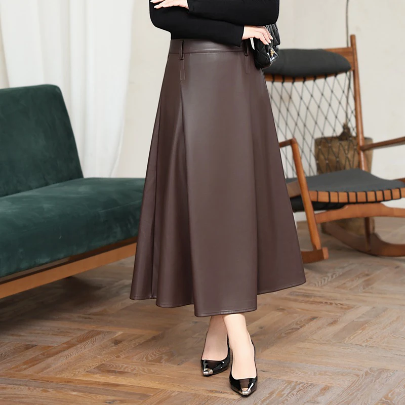 Premium Vintage High Waist Pu Leather Skirt Commuter Mid-length A-line Plus Size Women's Skirt Autumn 2025