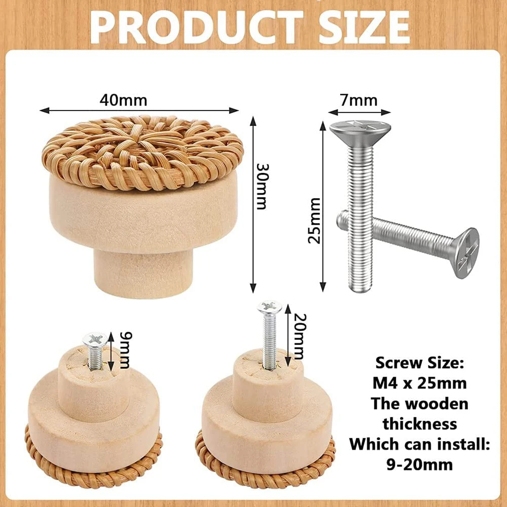 Handcrafted Rattan Wooden Drawer Knobs – Elegant Round Handles for Cabinets, Dressers, and Wardrobes
