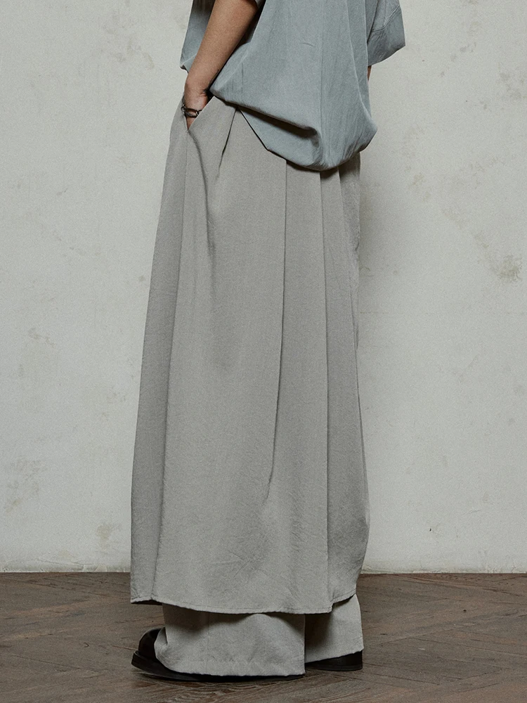 [EAM] High Waist Khaki Gray Irregular Pleated Spliced Long Wide Leg Pants New Trousers Women Fashion Spring Autumn 2026 1DJ1181