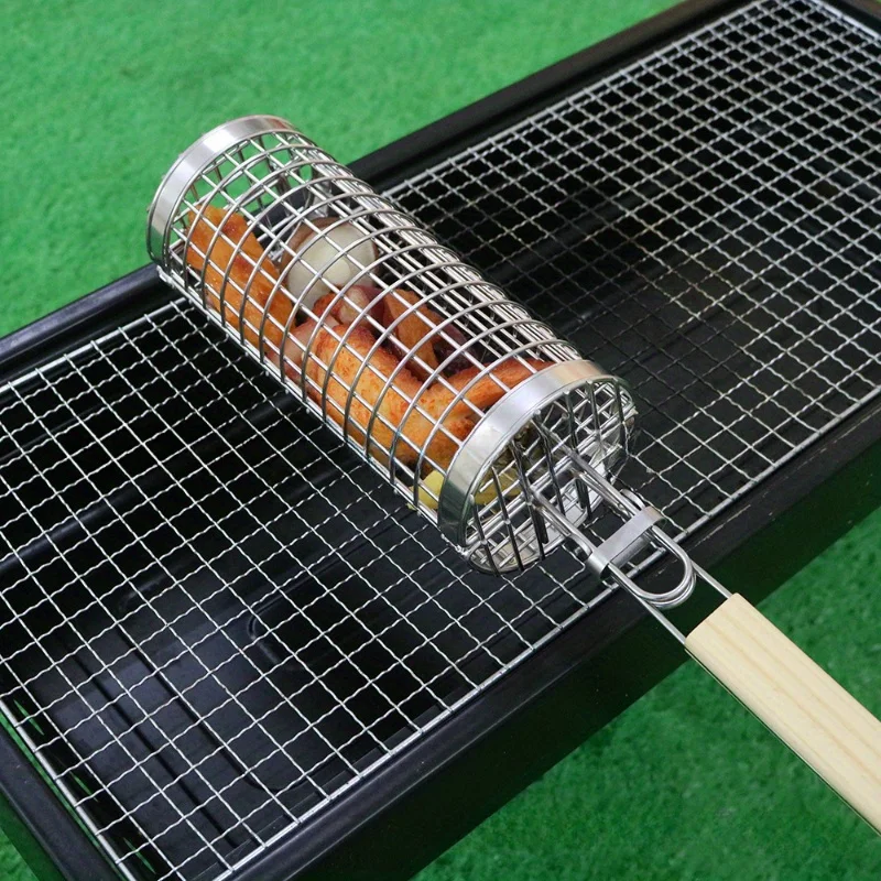 Stainless Steel Rotating Barbecue Cage, Portable Barbecue Net, Grilled Vegetable Meat and Seafood. for Family Friends Gathering