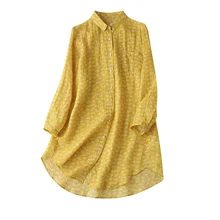 

Long Shirt 2022 Spring Turn-down Collar Prairie Chic Print Free Shipping Items Clothes for Women Yellow Ladies Tops Blouse