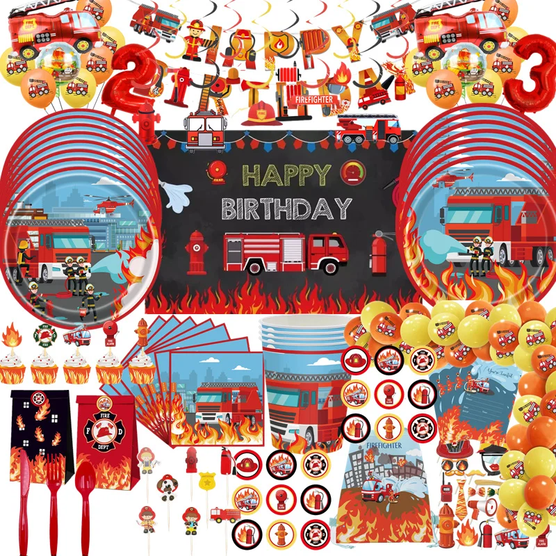Set De Vajilla Y Decoración Cumpleaños Tema Bomberos - 70 Piezas, Incluye Platos, Servilletas, Globos Y Banner