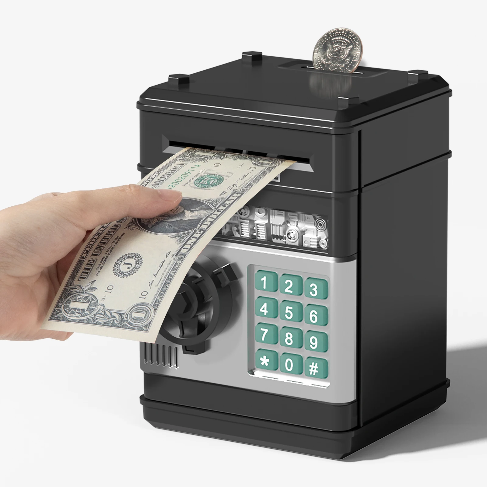 Toy Saving Bank. Electronic, Password-Protected. Auto-scroll For Paper Money. Ldeal Gift For Kids 3+ (Black). 6