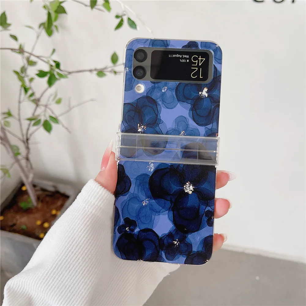 Dipinto Imd Phantom Blue Black Flower Per Samsung Galaxy Z Flip 4 3 Z3 Z4 Flip4 Flip3 Luxury Shock Cover, Custodia Rigida Sottile