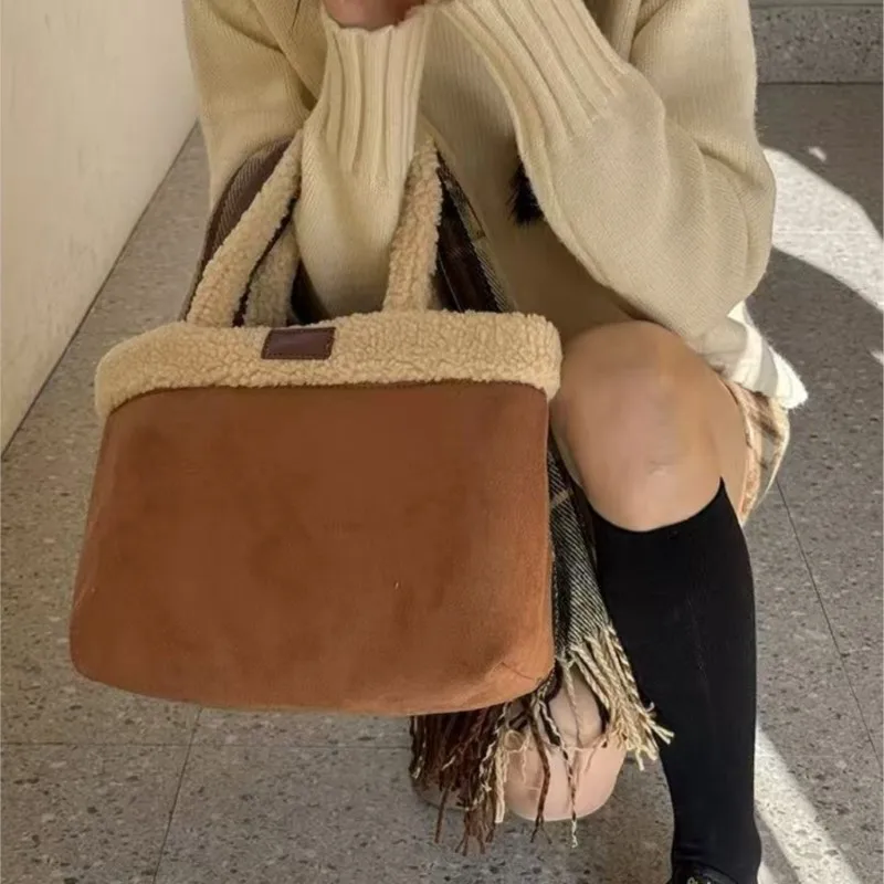 JIAERDI Korean Niche Lambswool Handbag Women Plush Double Sided Large Capacity Shoulder Bags Ladies Cute Soft Patchwork Tote Bag