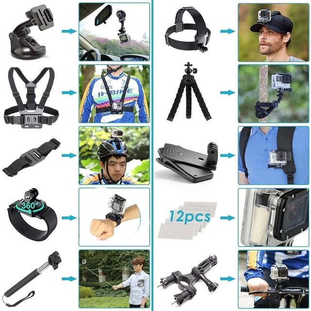 Kit d'accessoires de caméra d'action pour Gopro Hero13, 12, 11, 10, Xiaomi Yi, Insta360 Bery Case, Selfie Stick, Moto, Sangle de montage 4
