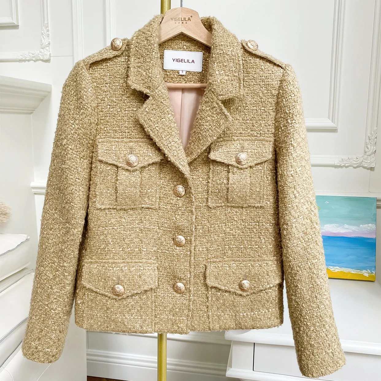 

2023 Spring Autumn Chic Women's High Quality 50%Wool Tweed Jackets Elegant Pockets Short Coat B586