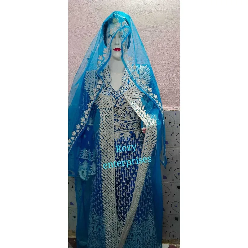 

New Moroccan Dubai Kaftans Sky Blue Farasha Abaya Dress Very Fancy Long Gown
