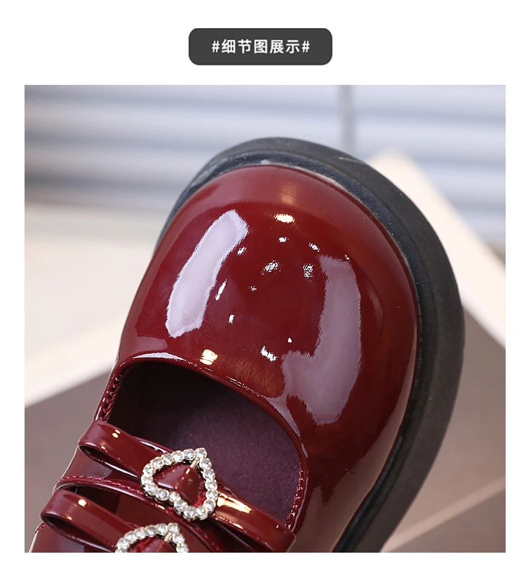 Description Picture 4 of itemChildren Leather Shoes for Spring Wine Red Black Elegant Girl's Mary Janes Chunky Hook-loop Beautiful Comfy Kids Shoe 26-36
