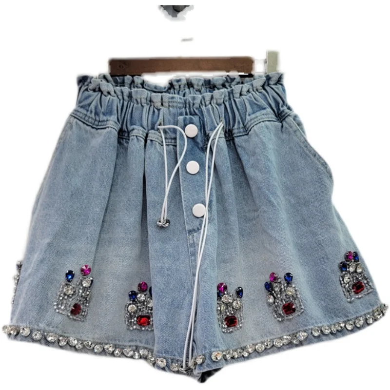 Booty Shorts Female 2024 Summer New Heavy-Duty Color Diamond High Waist Loose and Slimming Denim Wide Leg Shorts for Women