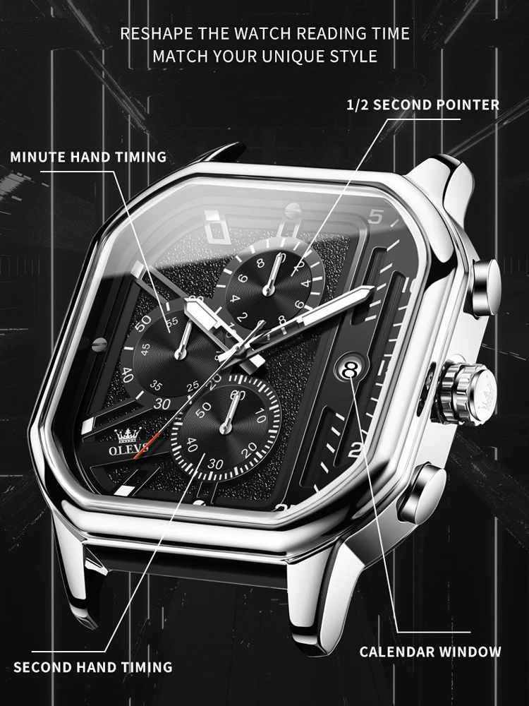 OLEVS Luxury Brand Watch For Men Square Dial Business Fashion Leather Watch Chronograph Sport Quartz Clock Reloj Hombre
