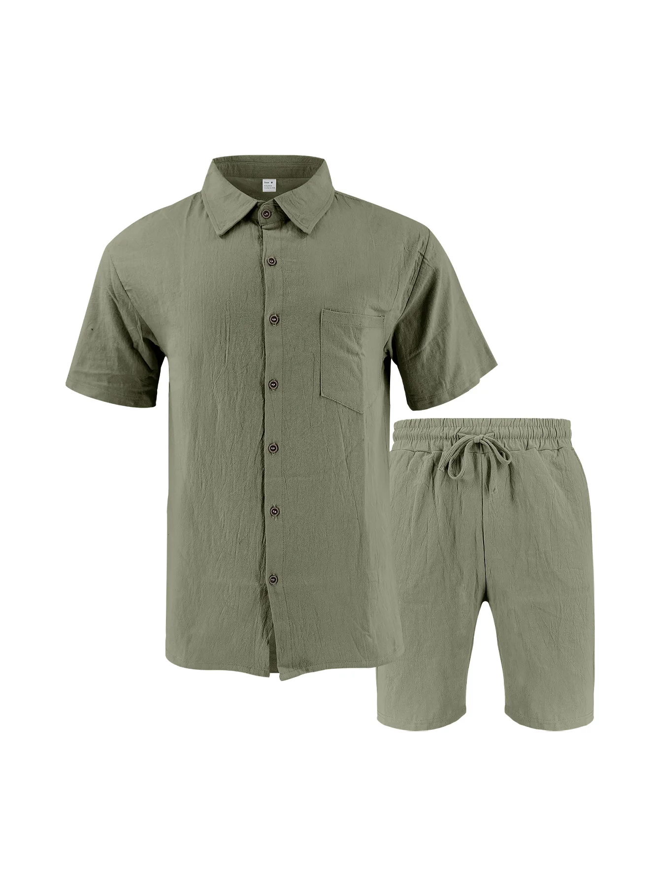 Summer Men's Solid-Color Linen Beach Suit, Lapel Button Short-Sleeved Shirt Paired With Drawstring Shorts, Casual 2-Piece Set
