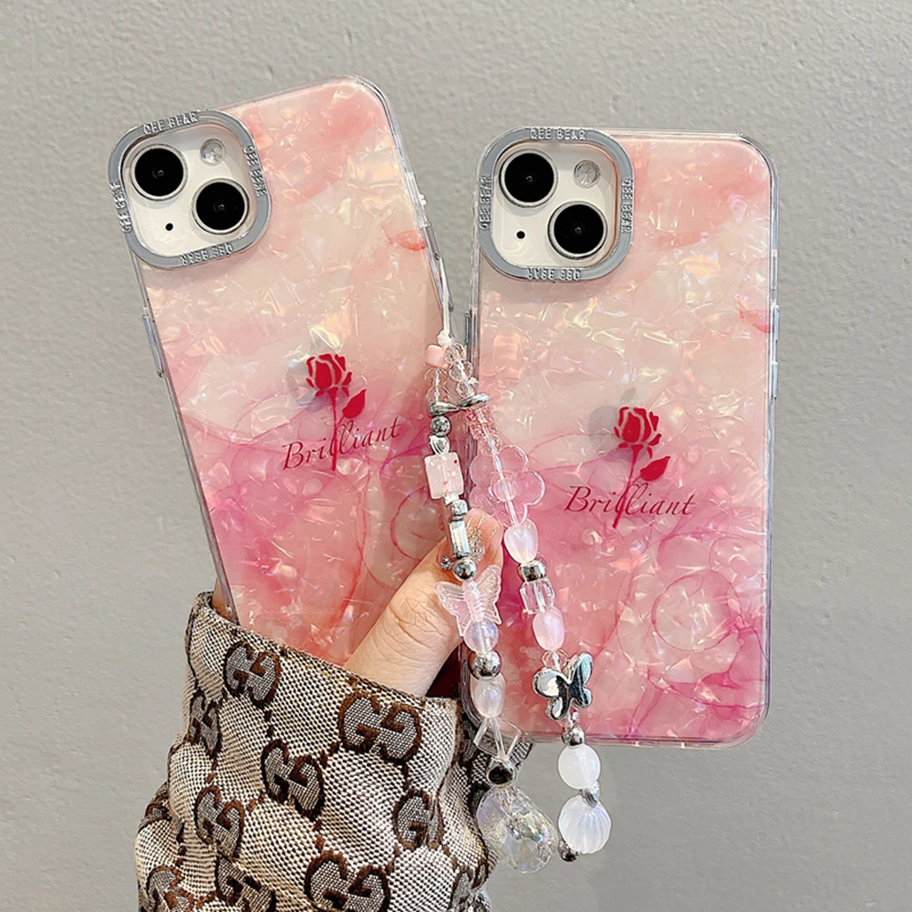 Per Iphone 15 14 Plus 12 13 14 Pro Max 11 Fashion Gradient Shell Pink Rose Flowers Custodia Per Telefono 15Promax 13Promax 12Promax 14Pro