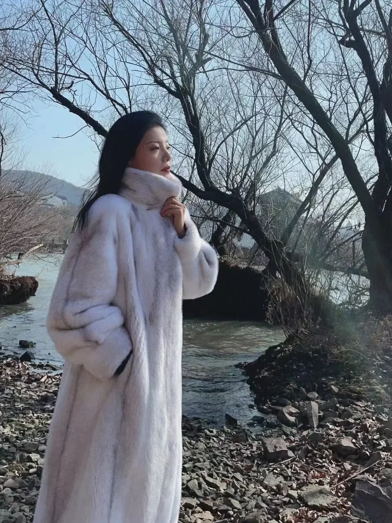 Cross Mink Environmental Fur Stand Collar Coat Female Winter Long Below The Knee Warm Thick Faux Fur Jackets For Women's Clothes