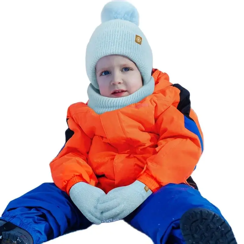 New Winter Children's Hat Neck Warmer Gloves 3pcs Set Winter Infant Knitted Wool Ball Ear Protection Hat Neck Glove 3-piece Set