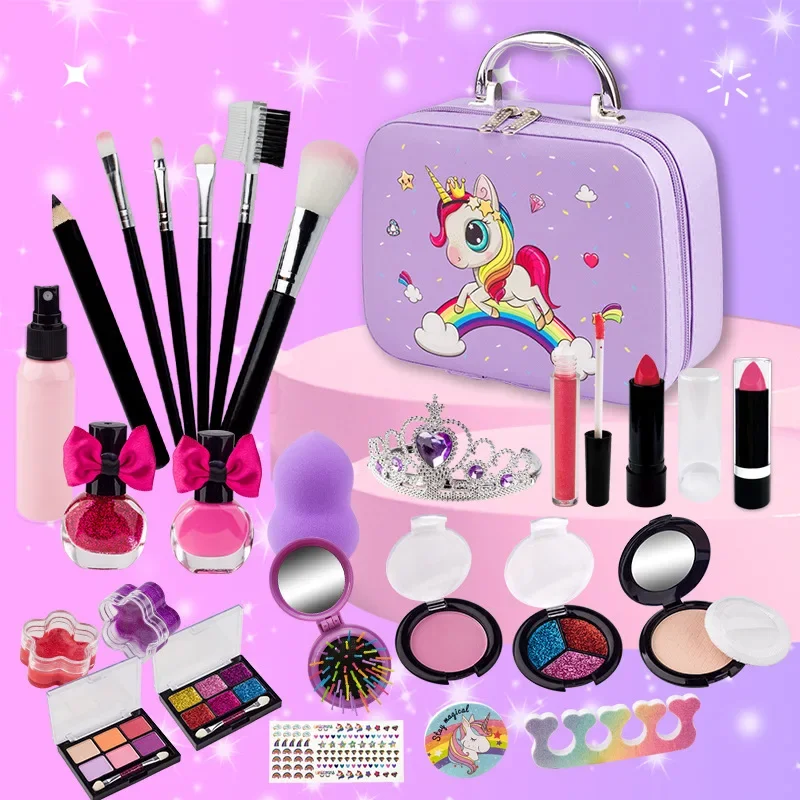 Cross-Border Children's Makeup Toy Princess Girl Cosmetic Box Washable Eyeshadow Lipstick Makeup Bag Full Set Gift