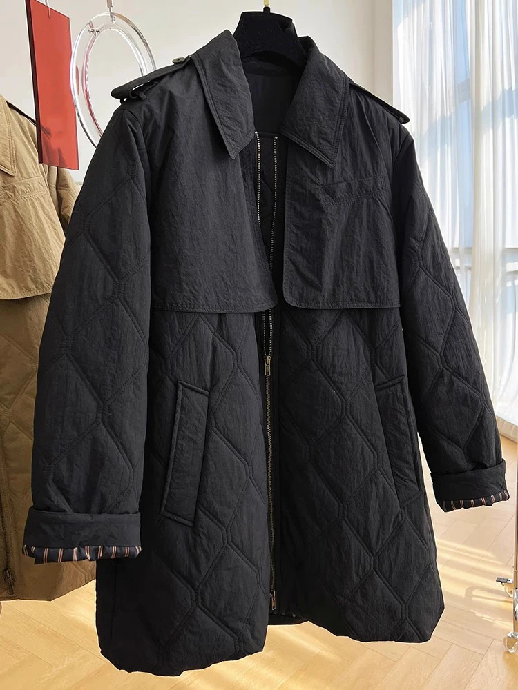 Winter Style Rhombus Lattice Lapel Neck Fluff Black Zipper Coat - Ships in 24 Hrs main image 0