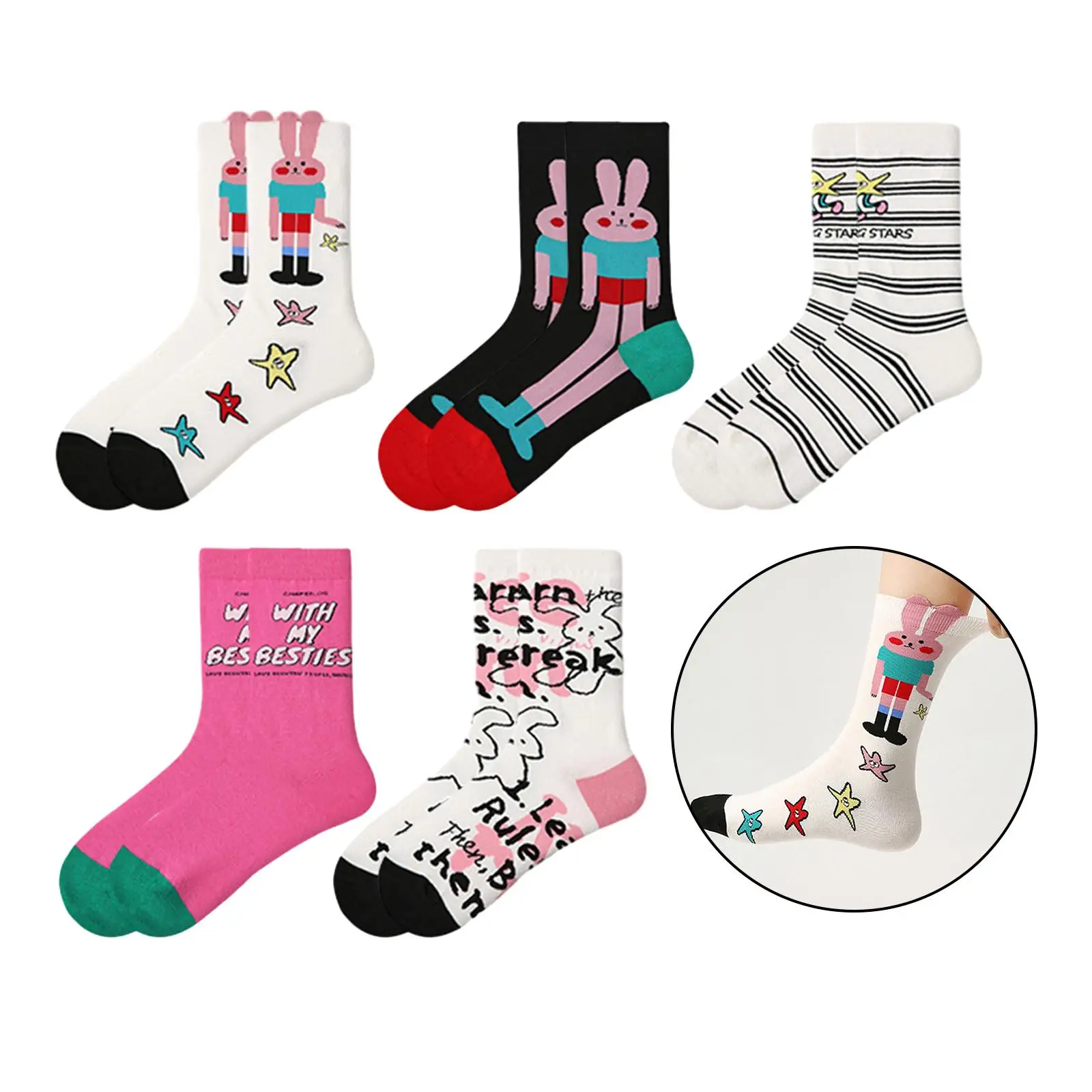 

5 Pairs Womens Crew Socks Fashion Elastic Holiday Socks Mid Tube Socks Easter Bunny Ankle Socks for Spring Festival Birthday