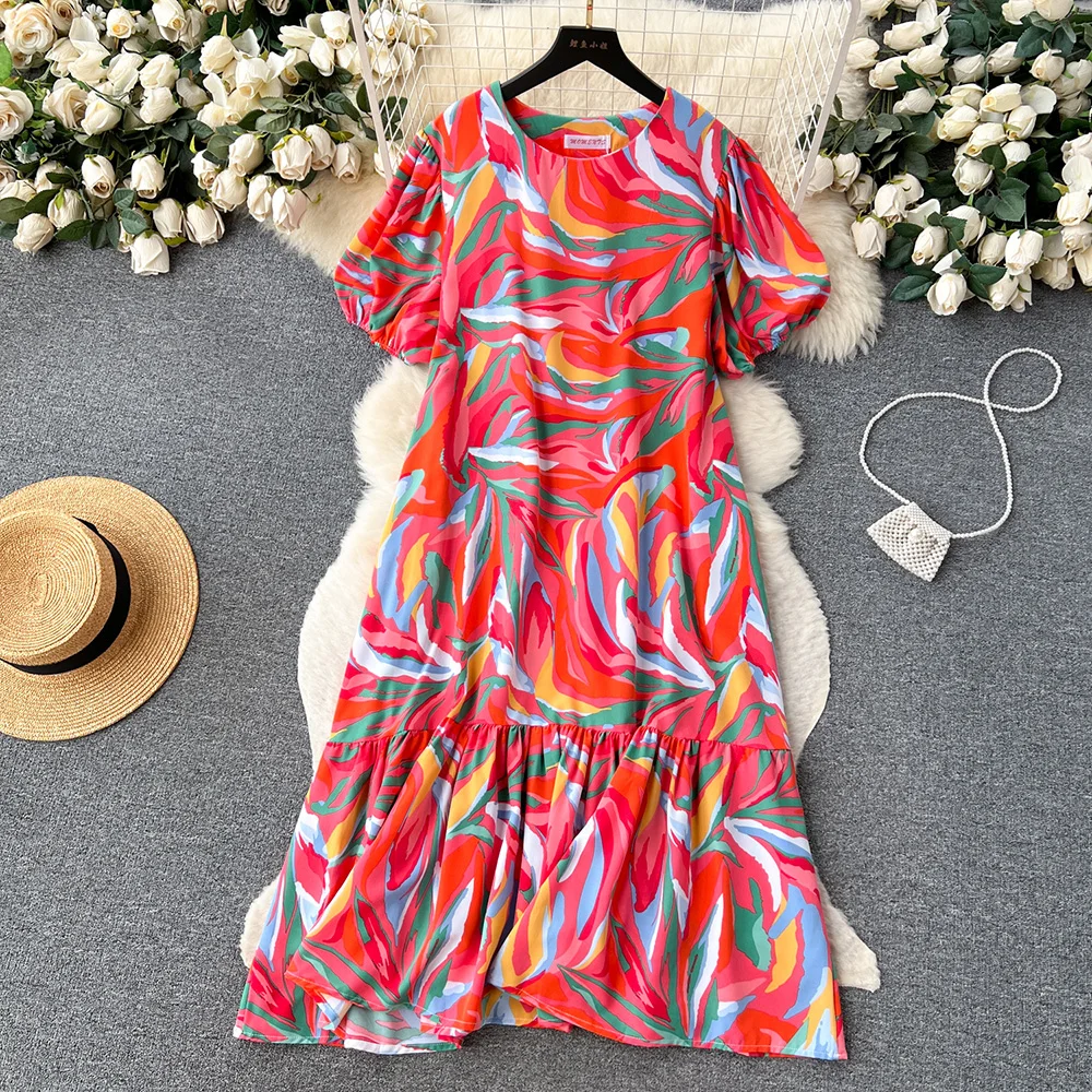 

Croysier Dresses For Women 2023 Fashion Summer Clothes Short Puff Sleeve Loose Midi Dress Round Neck Elegant Vintage Print Dress