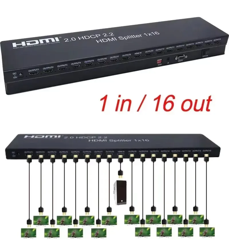 4K 60Hz 1x16 HDMI Splitter Video Distributor HDCP 2.2 HDMI 2.0 Video Converter Multi Screen Display 1 To 6 8 10 12 16 TV Monitor