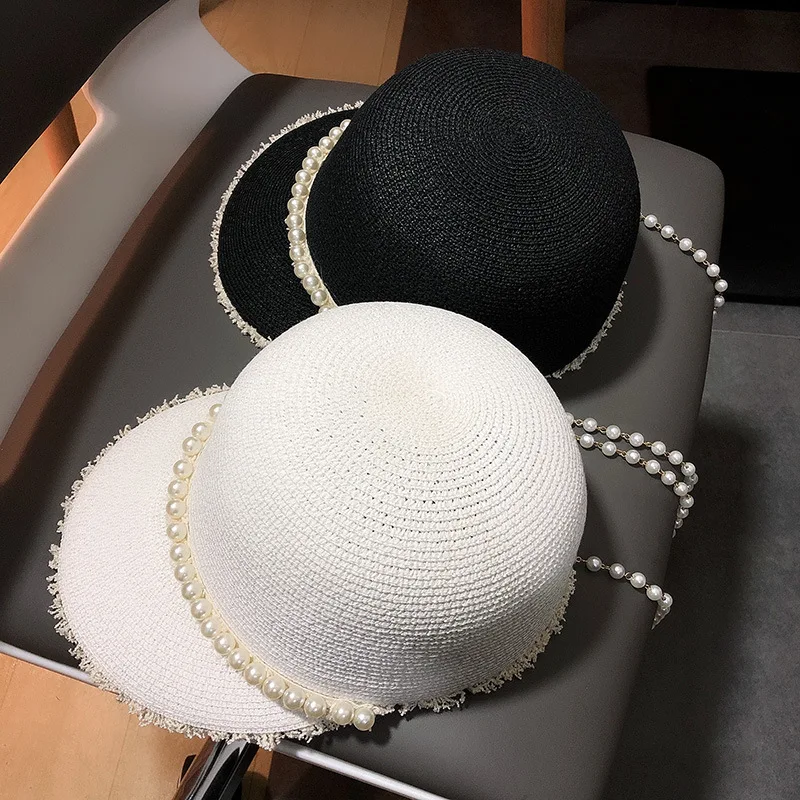 Summer Pearl Chain Straw Hat for Women Dome Top Equestrian Hat Lady Travel Sun Hat Korean Version Luxury Beach Shade Hat 2