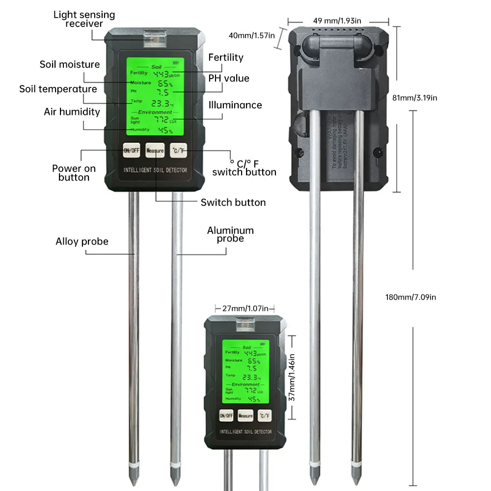 Soil Fertility PH Meter Tester Soil PH Moisture Meter Temperature Sunlight Intensity Measurement Analysis Soil Acidity Test 6in1 5