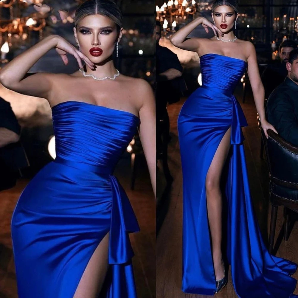 

Royal Blue Evening Dresses Dubai High Split Strapless Pleat Elegant Prom Party Gowns Back Zipper Women Customize Robe De Soiree