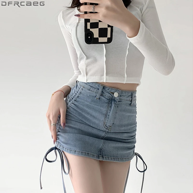 

Fashion Summer Sexy Jean Mini Skirts Women Y2K Streetwear Hot Girls Bandage Denim Skirt Shorts Bodycon Blue Black Short Skirt