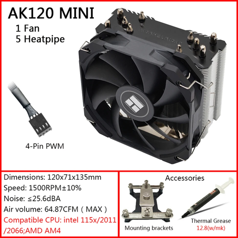 Thermalright-Refroidisseur de processeur AK120 SE ARGB White 5 Heatpipe,  avec 4 broches PWM 120mm, refroidissement pour LIncome 115x 1700 2066 AMD  AM4 AM5 - AliExpress
