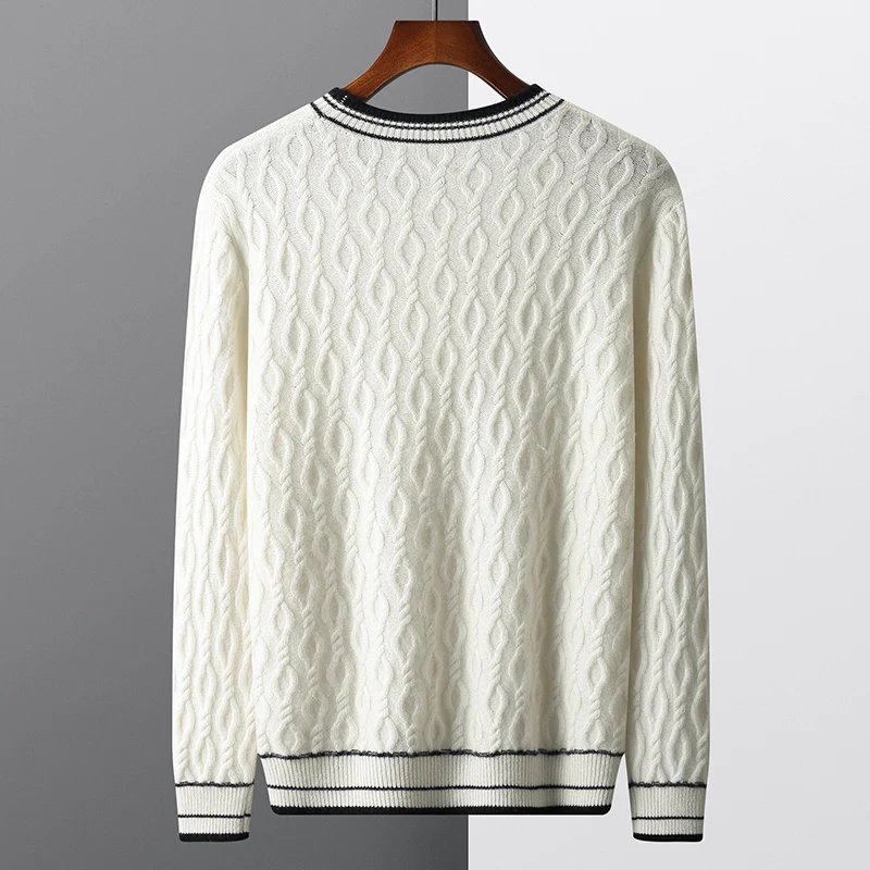Autumn and winter men's O-neck sweater black and white stripes contrast thick sweater 100% wool sweater knit bottoming shirt 4