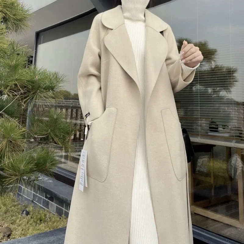 2023 Autumn Winter New Women Reversible Cashmere Coat Female Long Below The Knee Temperament Casual Slim Fit Woolen Outwear
