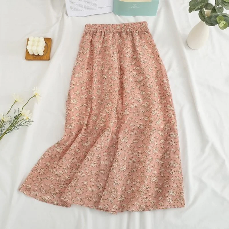 midi skirt Summer Skirts 2022 Chic Floral Printed Chiffon A-Link Skirt Korean Fashion High Waist Casual Midi Skirt with Lining for Beach crop top with skirt Skirts