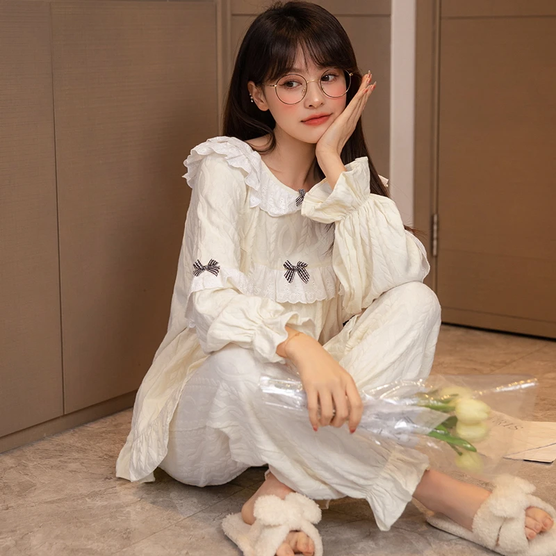 Spring, Autumn and Winter Women's Pajamas Knitted Cotton Solid Korean Style Square Neck Women's Suit Evening Dress Home Wear