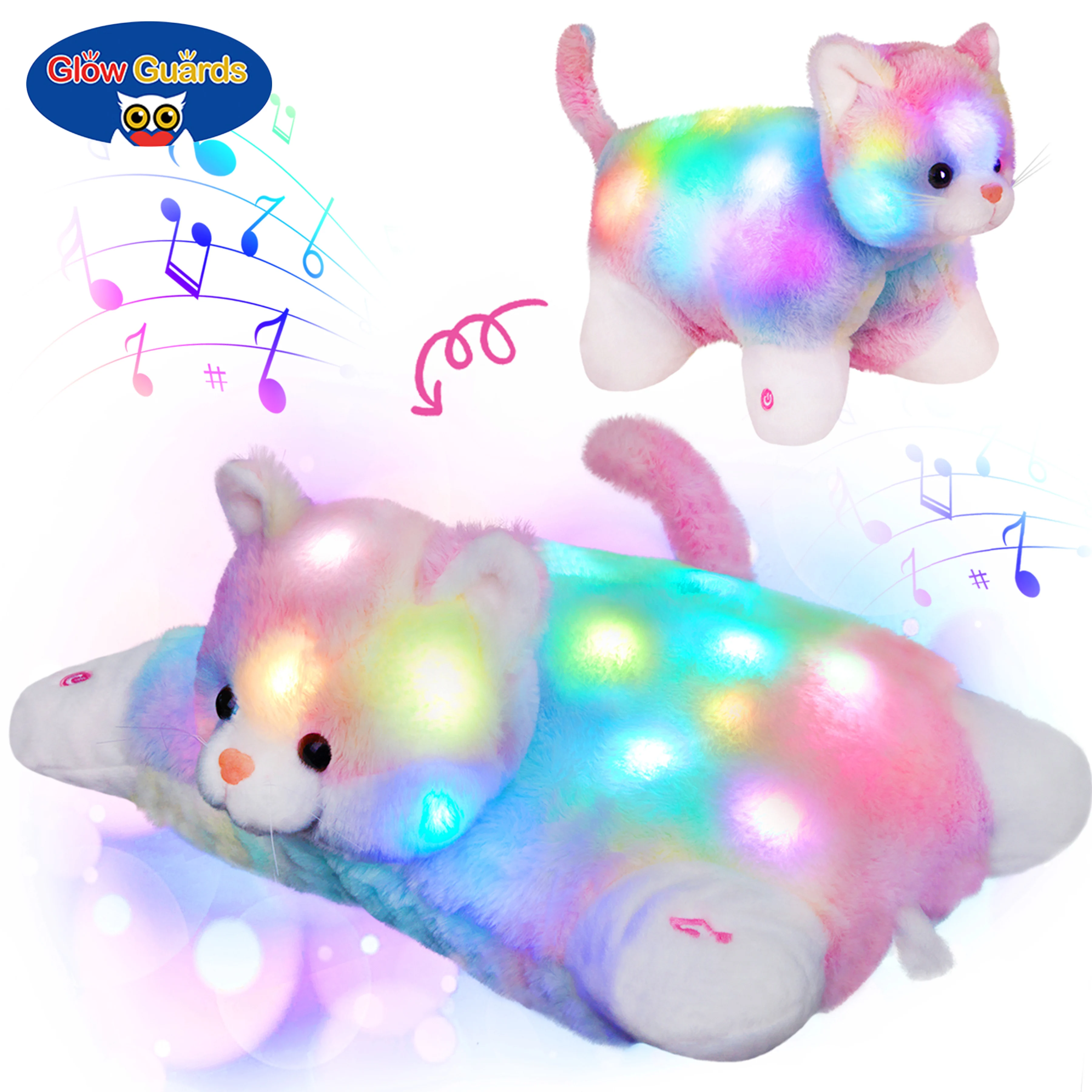 

Glow Guards Cute Rainbow Cat Plush Toy Deployable Cotton Filled Soft Throw Pillow with Led Lighting Music Children's Nap Cushion