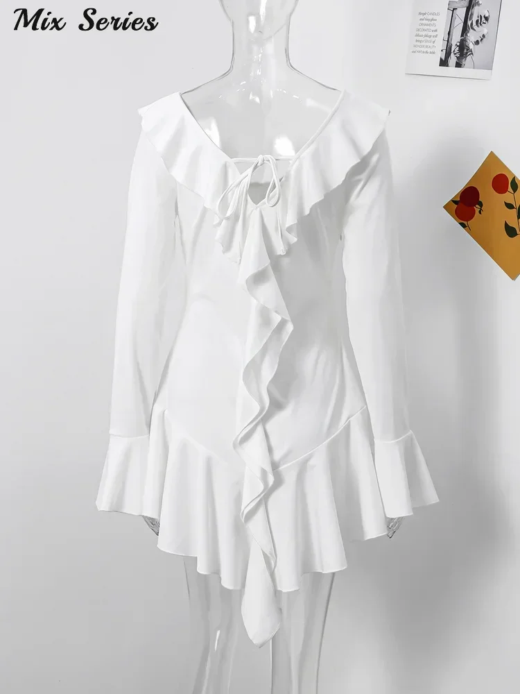 Sexy Ruffles Lace Up Mini Dress Women V-neck Long Flare Sleeve Backless  Vacation Dresses 2024 Autumn New Female Solid Vestidos - AliExpress  200000345