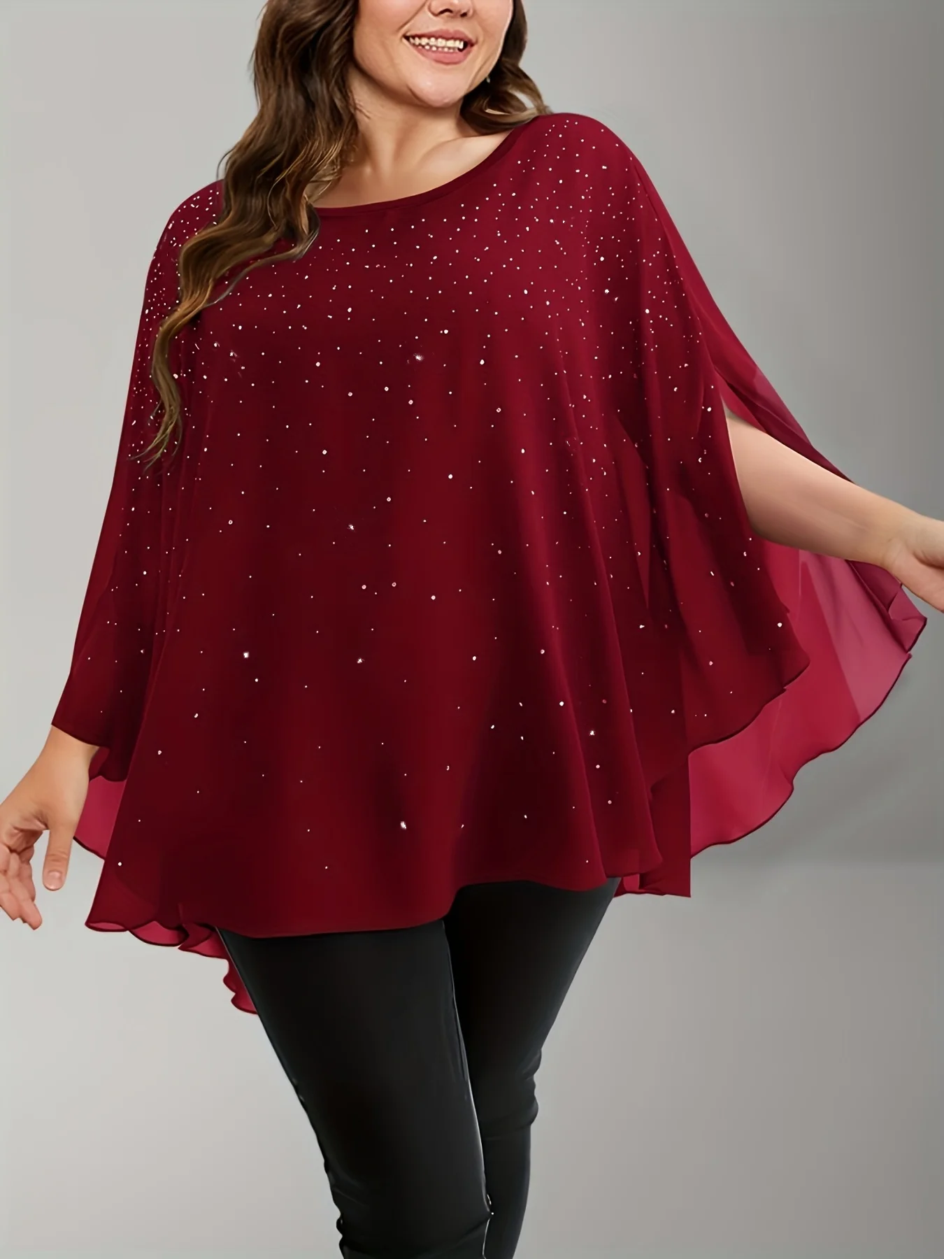 Image of Plus size Elegant Chiffon Sequined Slit Sleeve Blouse