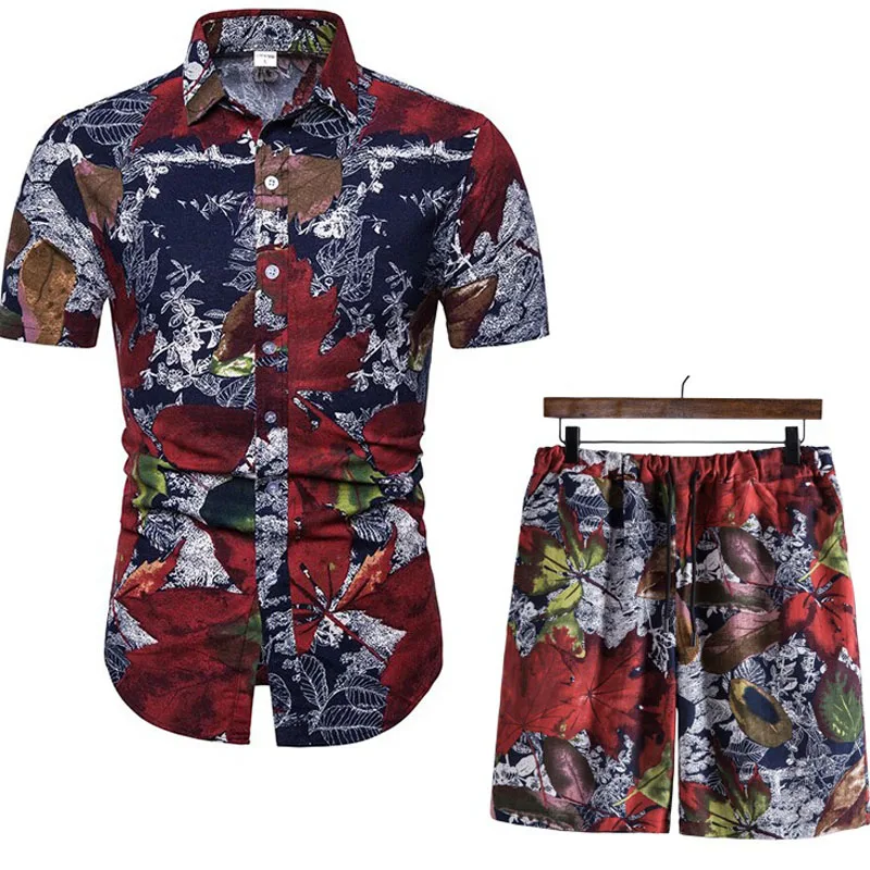 

Гавайский повседневный мужской комплект, модная летняя рубашка с коротким рукавом и шорты с цветочным принтом, пляжный костюм из двух предметов, новинка 2023, мужские комплекты MY730