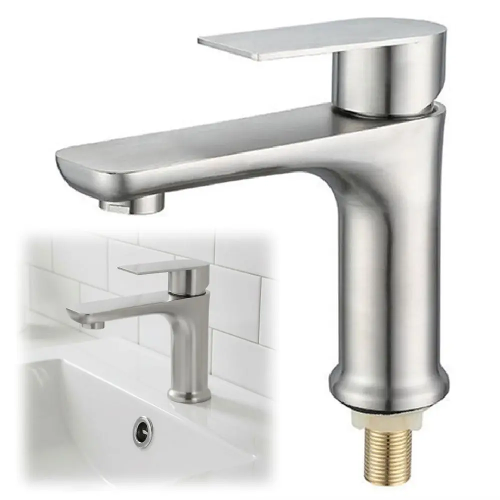 Stainless Steel Bathroom Faucet Single Cold Anti-Leakage Kitchen Sink Faucet Rust-proof Rotary Switch Lavatory Basin Faucet
