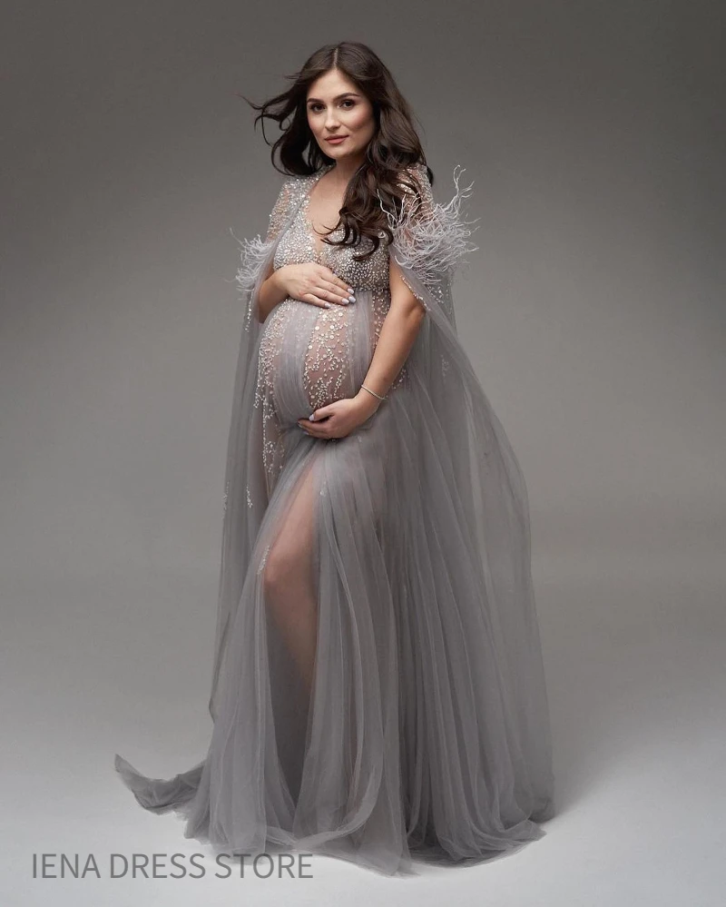 custom 18139Silver Grey Studded Sequin Tulle Maternity Photo
