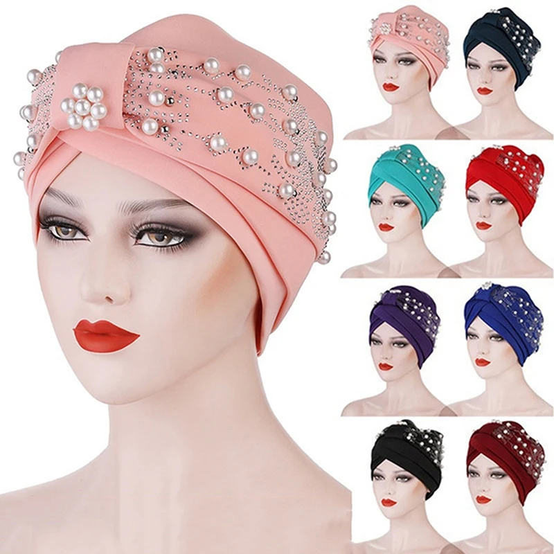 

Turban Stretch Cloth Head Hats Ladies Hair Accessories Muslim Scarf Hats Hot Drill Nail Pearl Toe Caps New