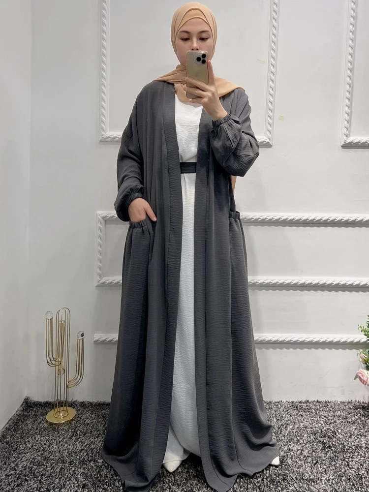 Crepe Abayas for Women Solid Color Muslim Kimono Islamic Clothing Dubai Hijabi Modest Robe Ramadan Eid