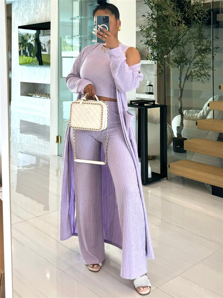 Wmstar Women Three Piece Set Autumn Fashion Solid Color Casual Long Sleeve Vest Wide Leg Long Pants Lady Outfit Work Tracksuit