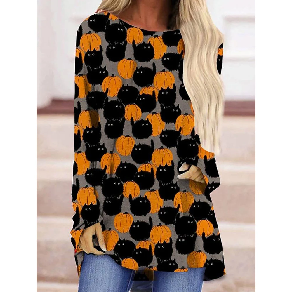 

CLOOCL Halloween Women Long Sleeves Shirts Cartoon Black Kitten Pumpkin Print Crew Neck T-Shirt Pullover Stylish Loose Tops